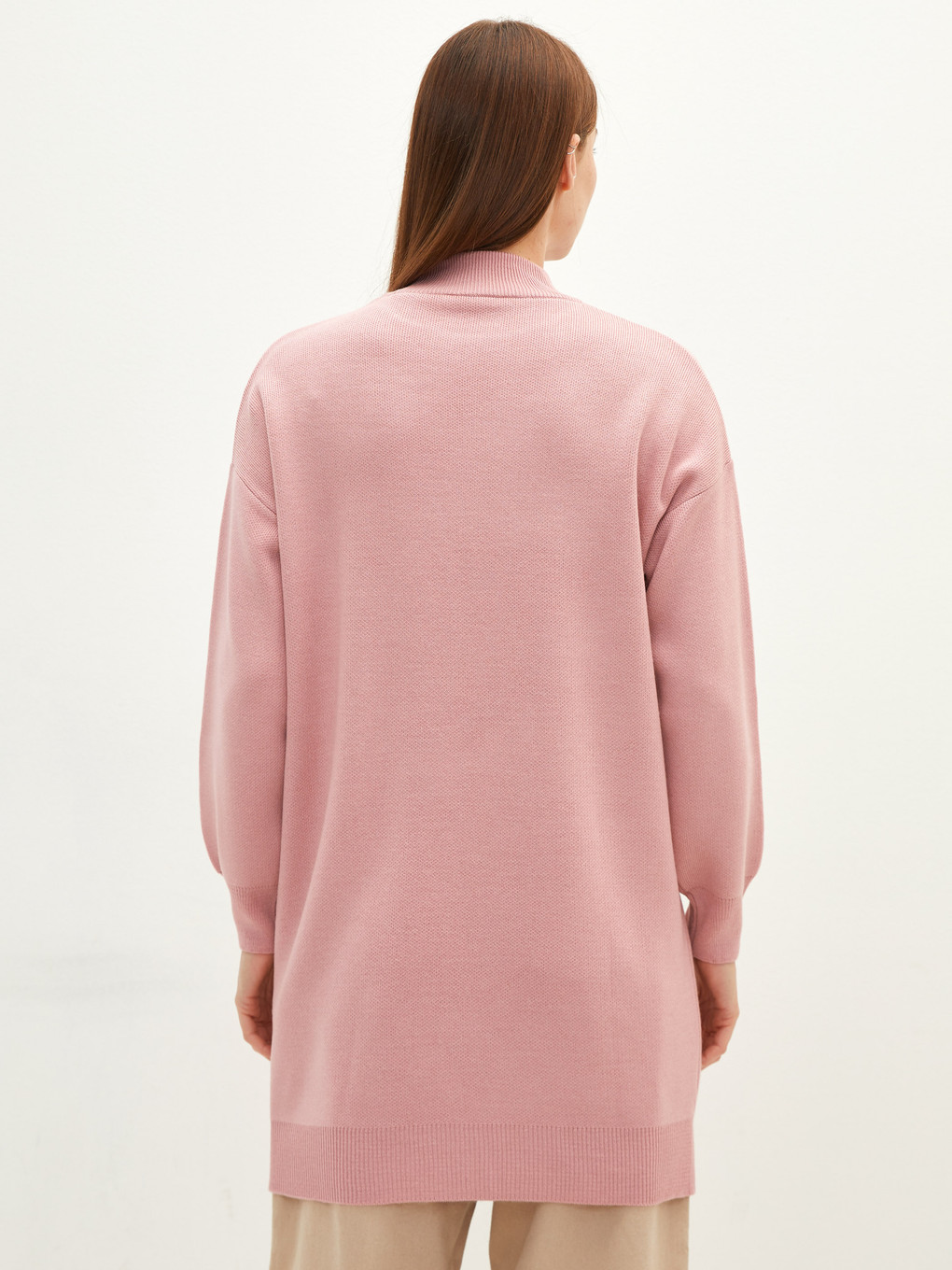 Pembe Yarım Balıkçı Yaka Düz Uzun Kollu Oversize Triko Kadın Tunik-4