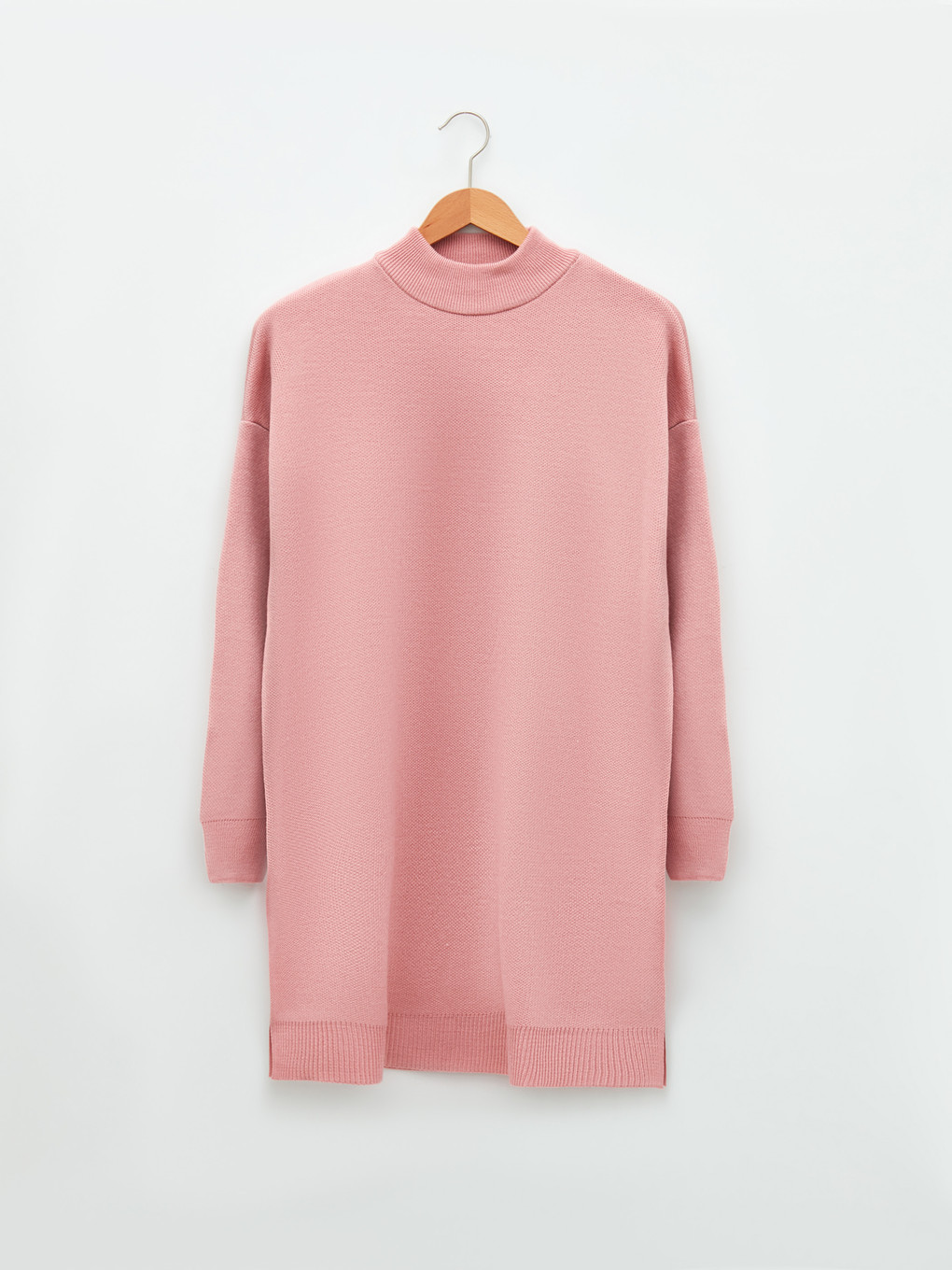 Pembe Yarım Balıkçı Yaka Düz Uzun Kollu Oversize Triko Kadın Tunik-5