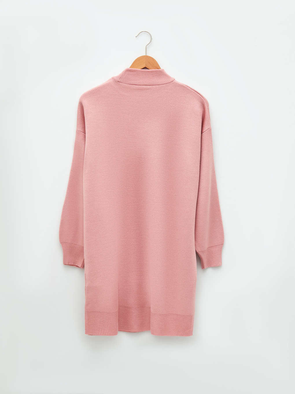 Pembe Yarım Balıkçı Yaka Düz Uzun Kollu Oversize Triko Kadın Tunik-6