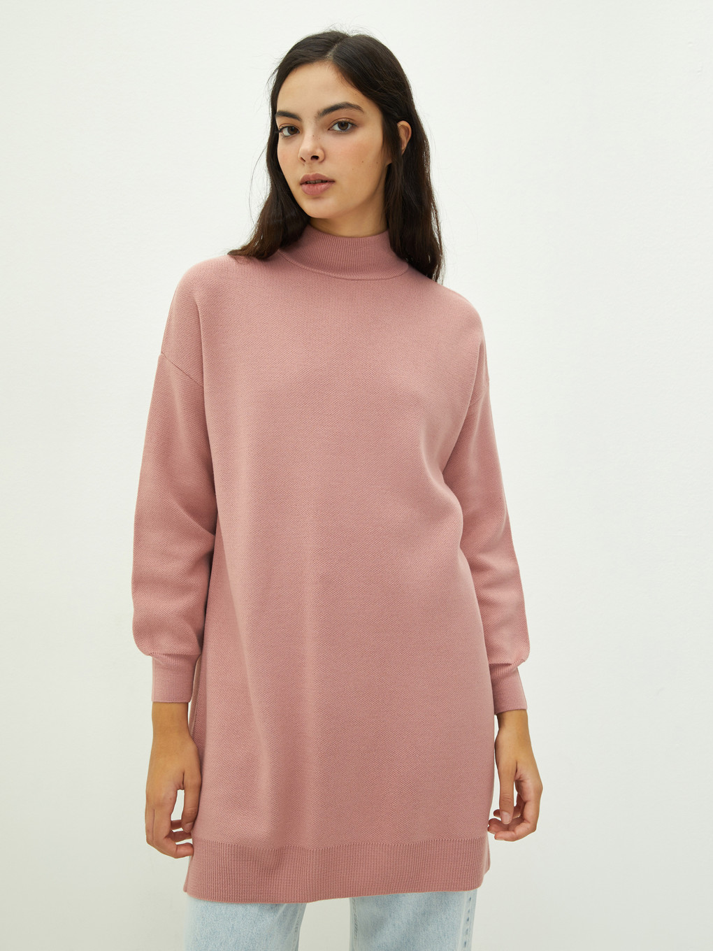 Mock Turtleneck Plain Long Sleeve Oversize Knitwear Women's Tunic