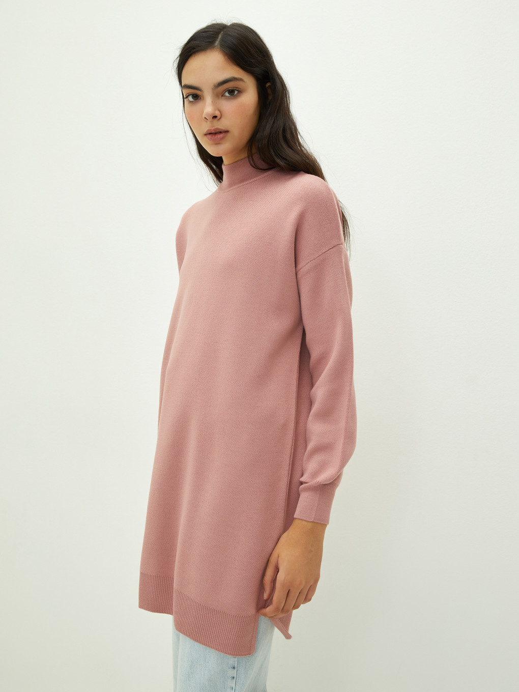 Mock Turtleneck Plain Long Sleeve Oversize Knitwear Women's Tunic-1