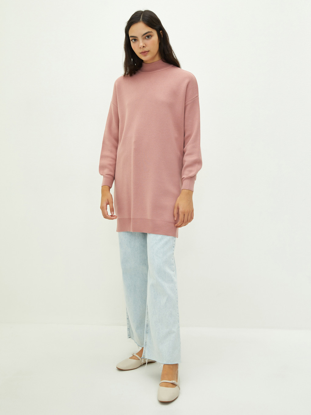 Mock Turtleneck Plain Long Sleeve Oversize Knitwear Women's Tunic-2