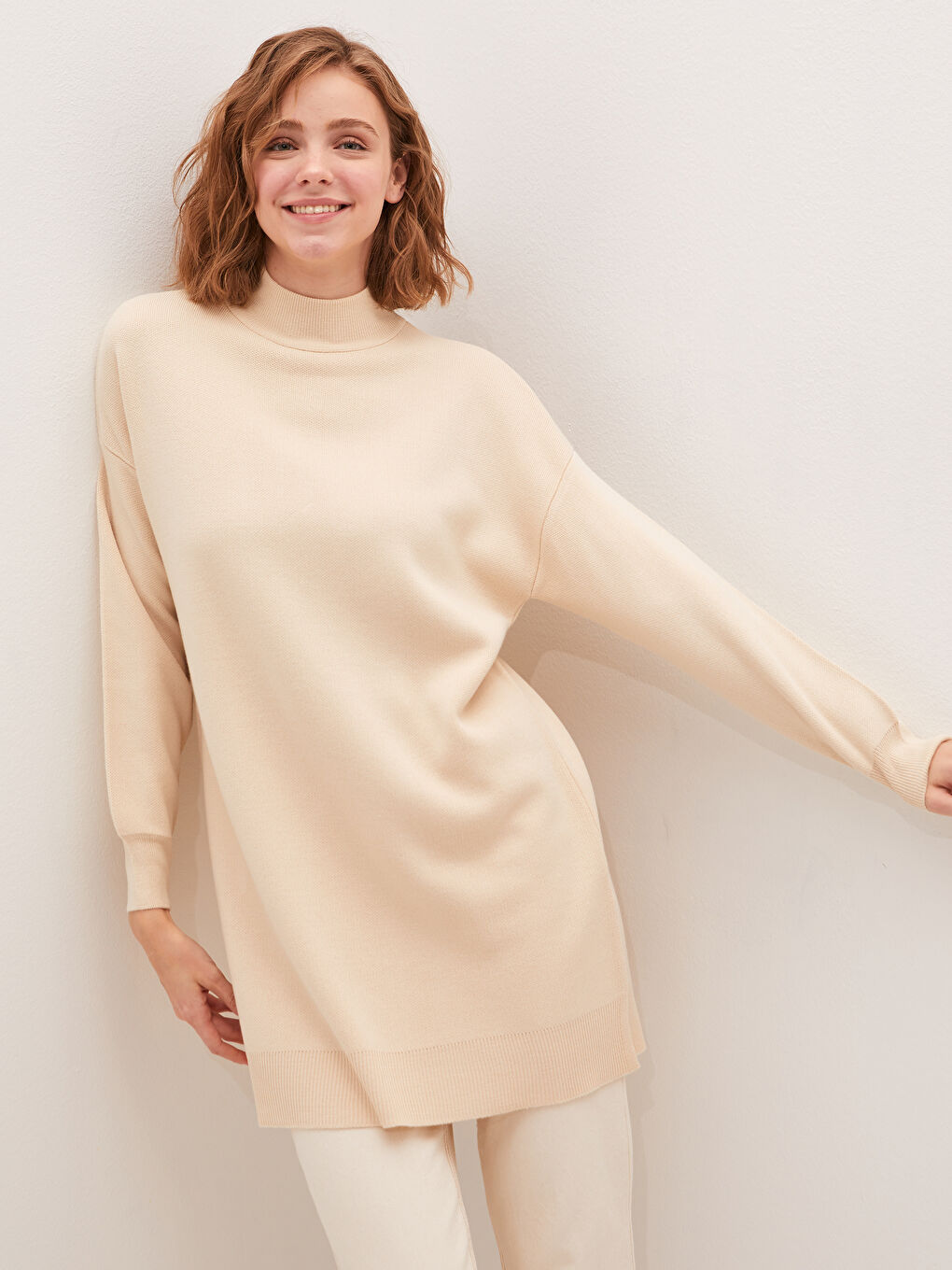 Tunique Femme En Tricot Surdimensionnée À Manches Longues Et Col Montant-4