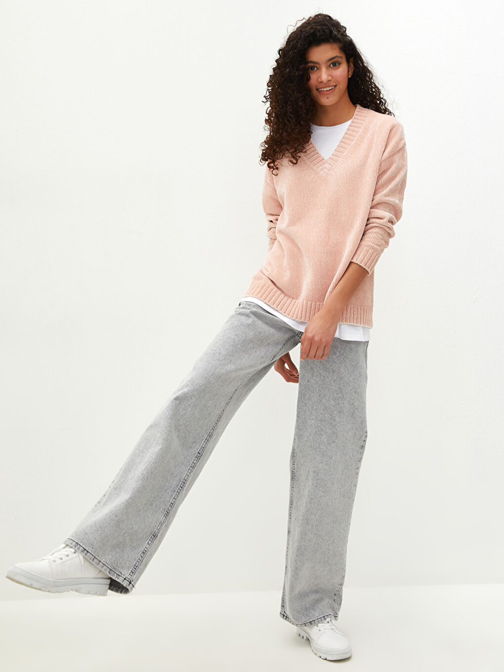 әйелдерге арналған трикотаж өрнексіз ұзын жең v жағалы жемпір-2