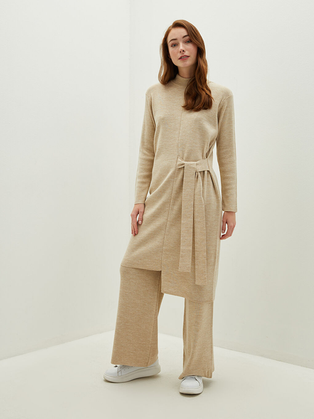 Bej Beli Lastikli Geniş Paça Kadın Triko Pantolon-1