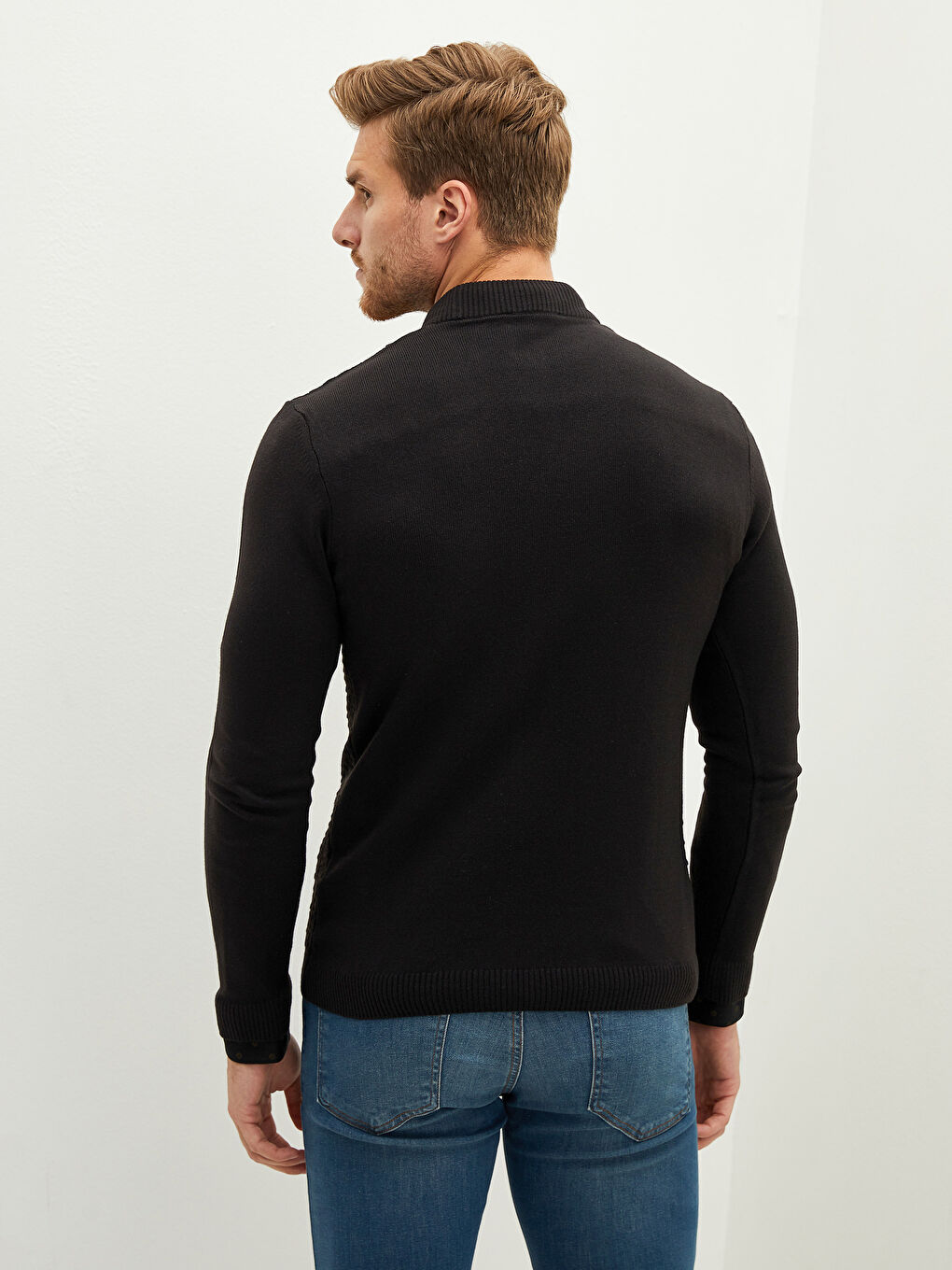 Siyah Yarım Balıkçı Yaka Uzun Kollu Desenli Erkek Triko Kazak-4