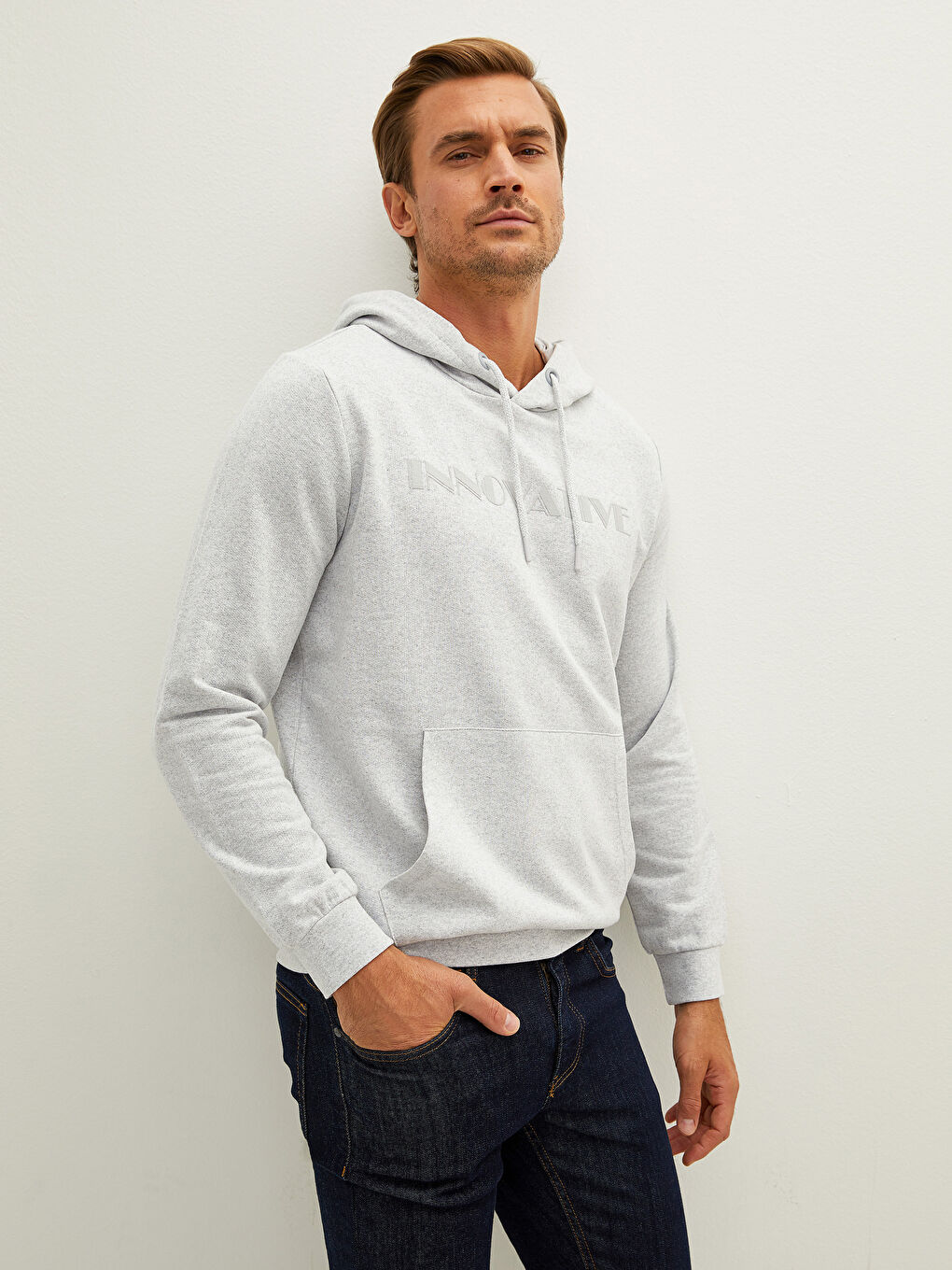 Bej Uzun Kollu Baskılı Erkek Hoodie