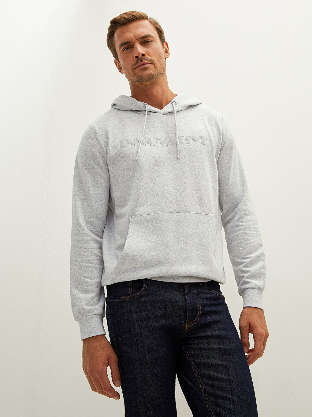 Bej Uzun Kollu Baskılı Erkek Hoodie-1