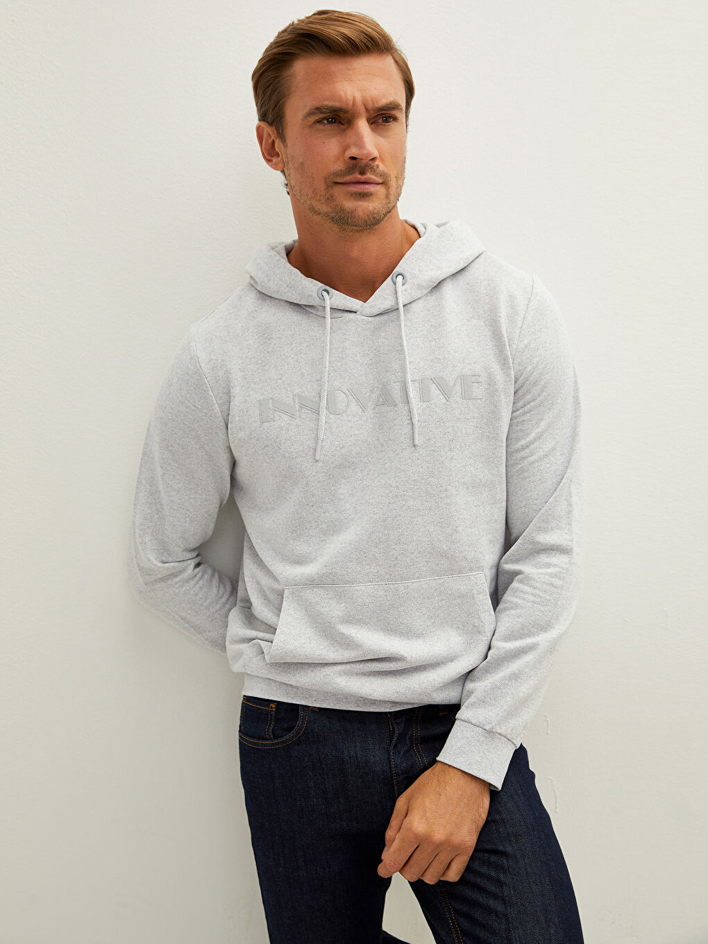 Bej Uzun Kollu Baskılı Erkek Hoodie-2