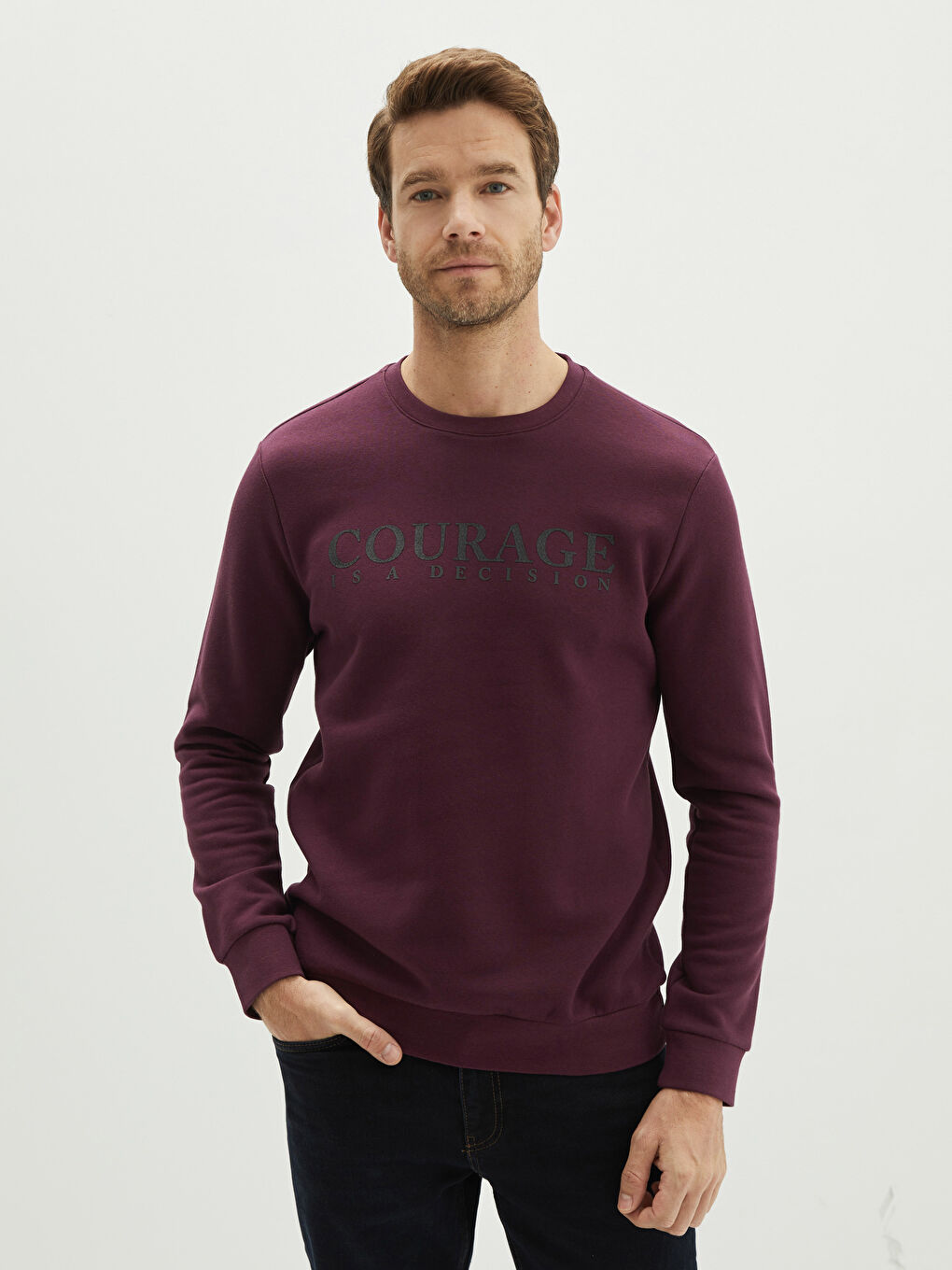 Bordo Bisiklet Yaka Uzun Kollu Baskılı Kalın Erkek Sweatshirt