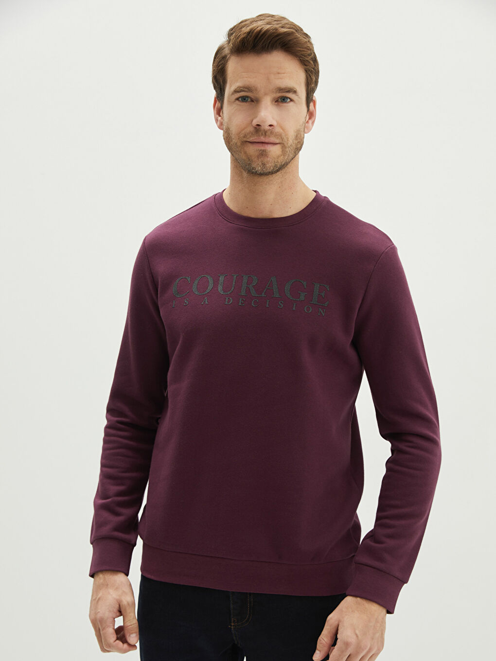 Bordo Bisiklet Yaka Uzun Kollu Baskılı Kalın Erkek Sweatshirt-1