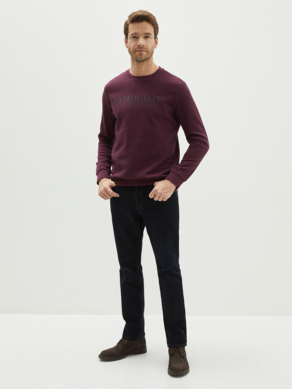 Bordo Bisiklet Yaka Uzun Kollu Baskılı Kalın Erkek Sweatshirt-2