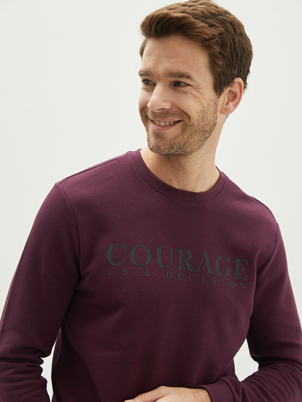 Bordo Bisiklet Yaka Uzun Kollu Baskılı Kalın Erkek Sweatshirt-3