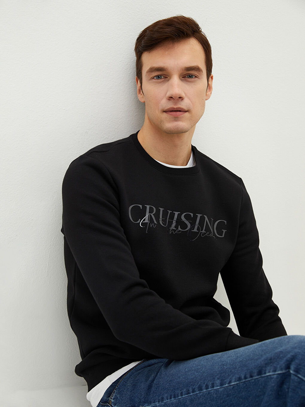 Bisiklet Yaka Uzun Kollu Baskılı Erkek Sweatshirt