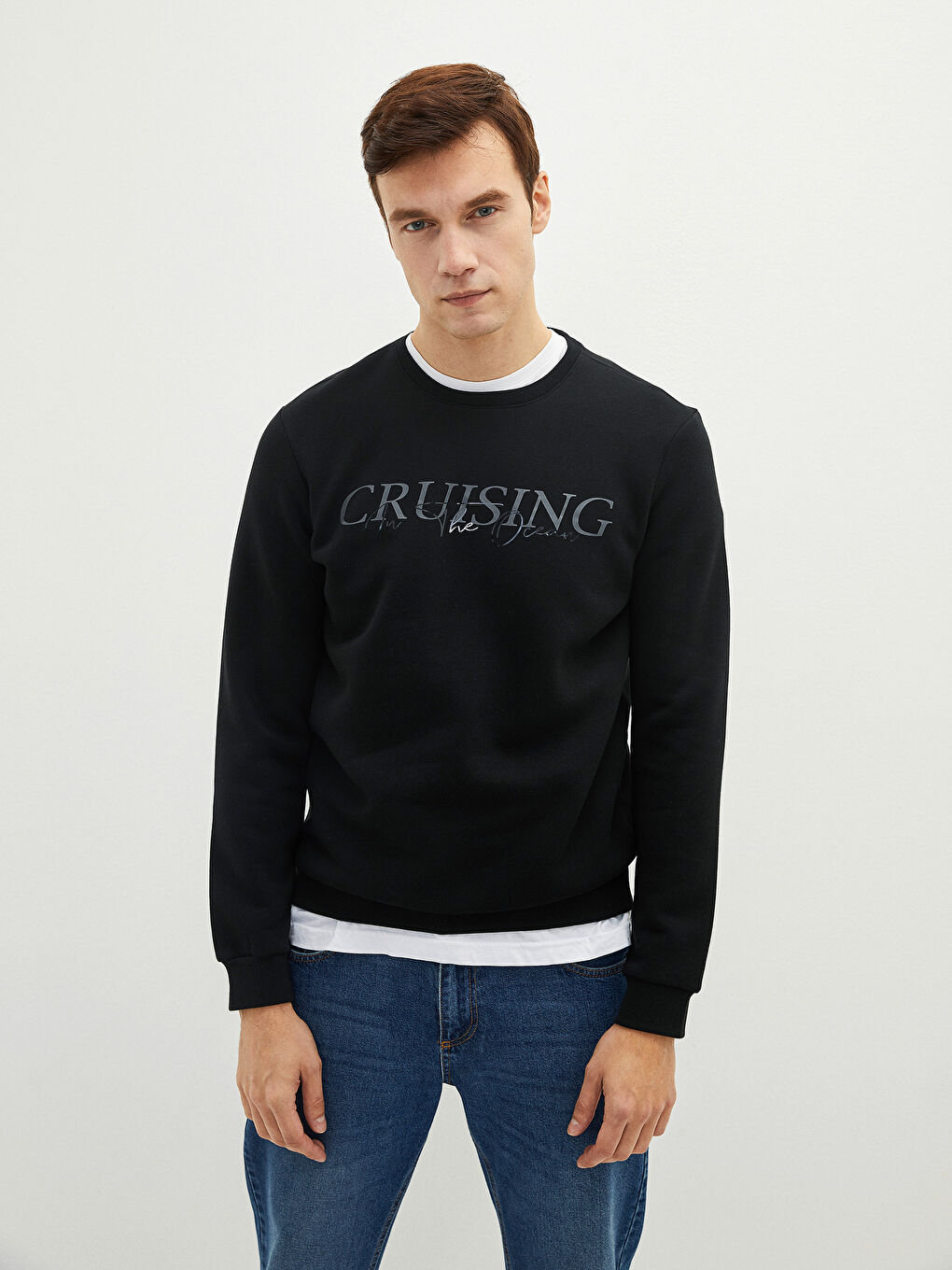 Bisiklet Yaka Uzun Kollu Baskılı Erkek Sweatshirt-1
