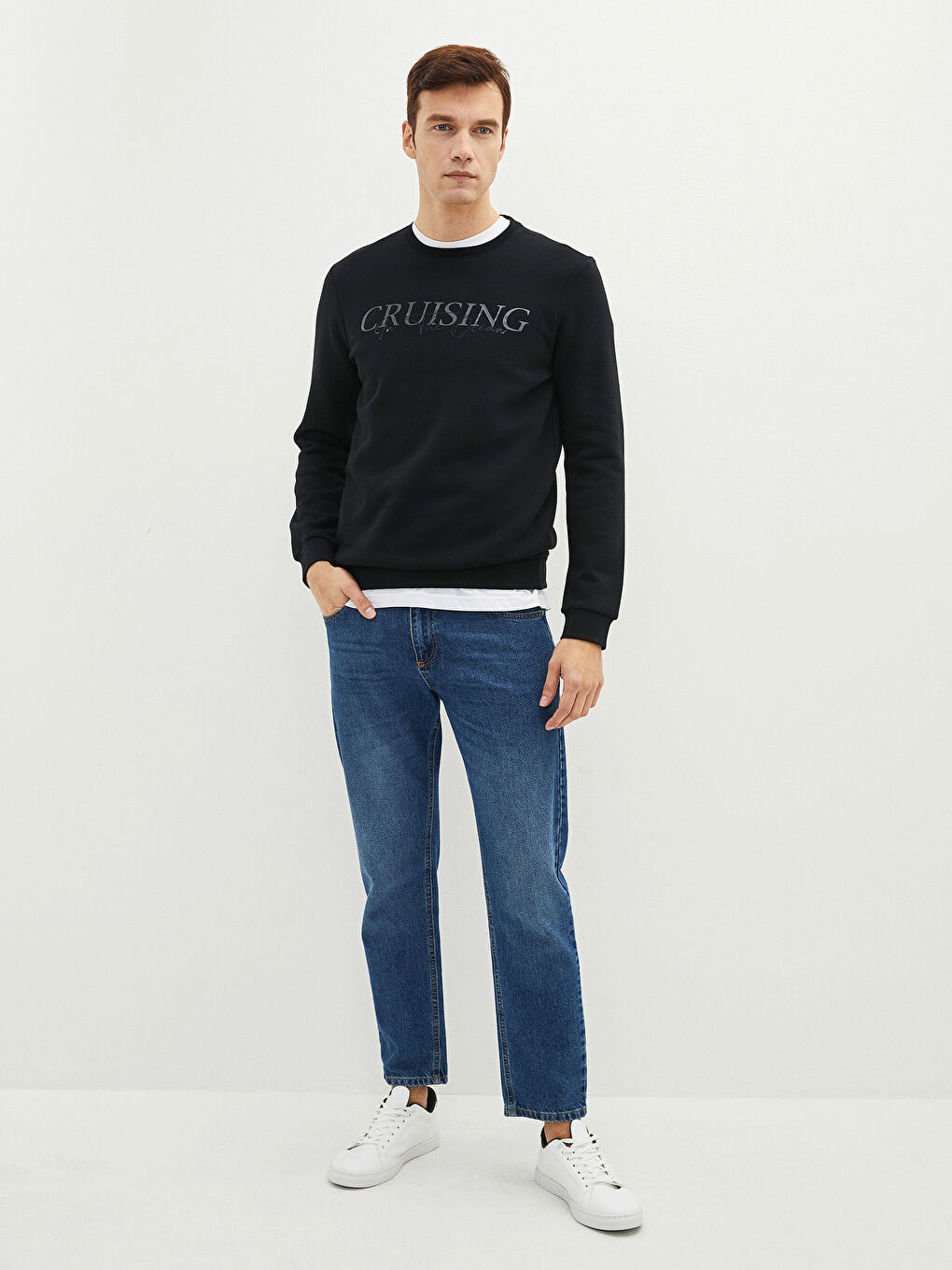 Bisiklet Yaka Uzun Kollu Baskılı Erkek Sweatshirt-3