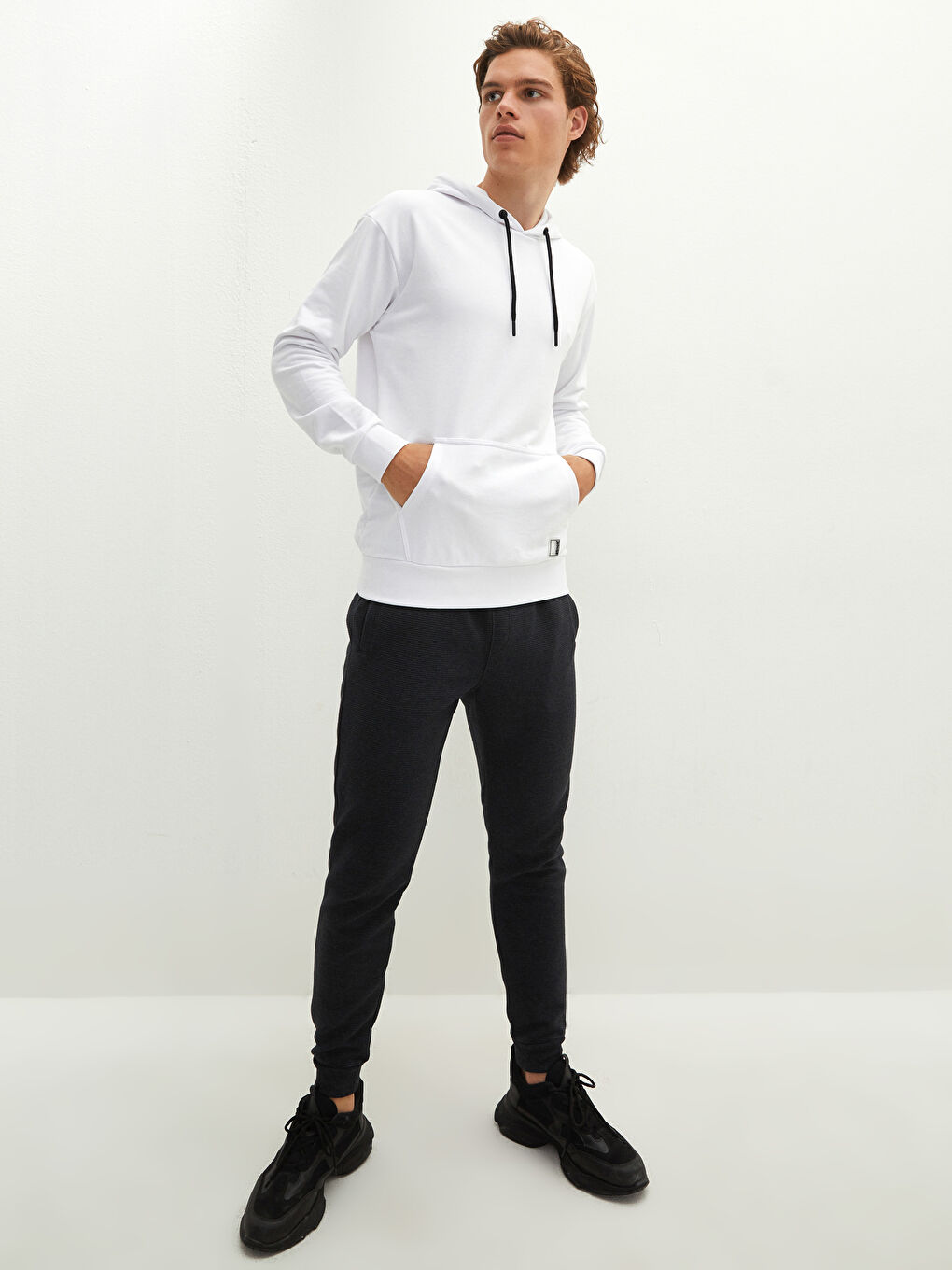 Beyaz Uzun Kollu Kalın Erkek Hoodie-5