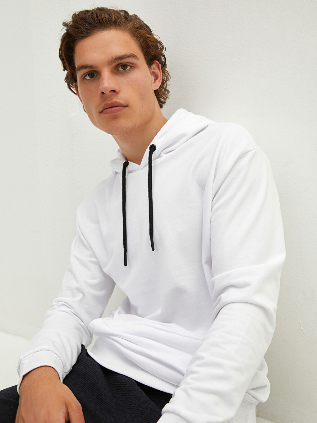 Beyaz Uzun Kollu Kalın Erkek Hoodie-3