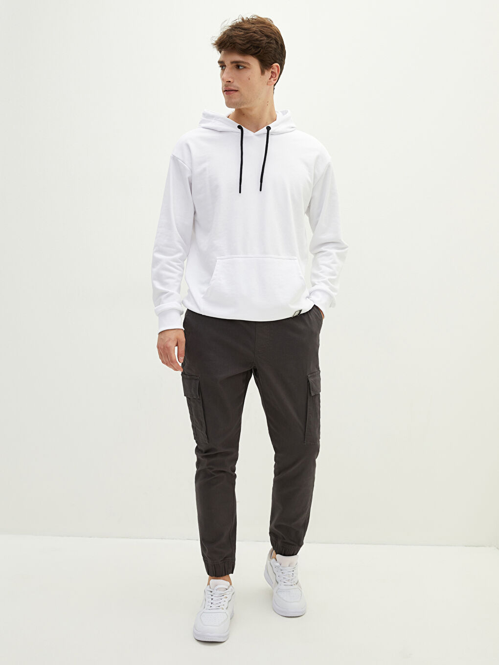 Beyaz Uzun Kollu Kalın Erkek Hoodie-6