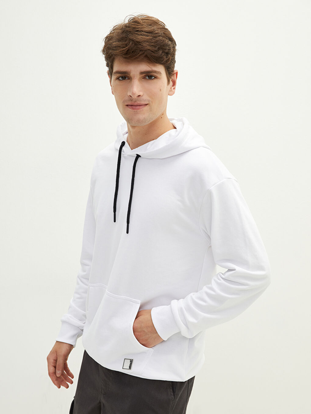 Beyaz Uzun Kollu Kalın Erkek Hoodie