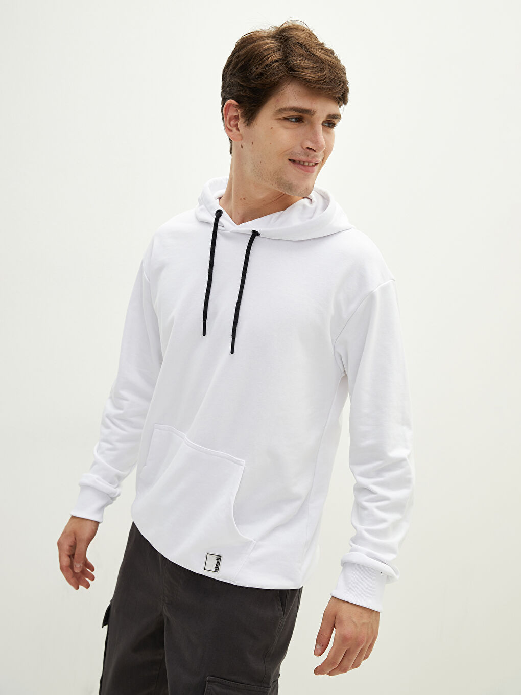 Beyaz Uzun Kollu Kalın Erkek Hoodie-2