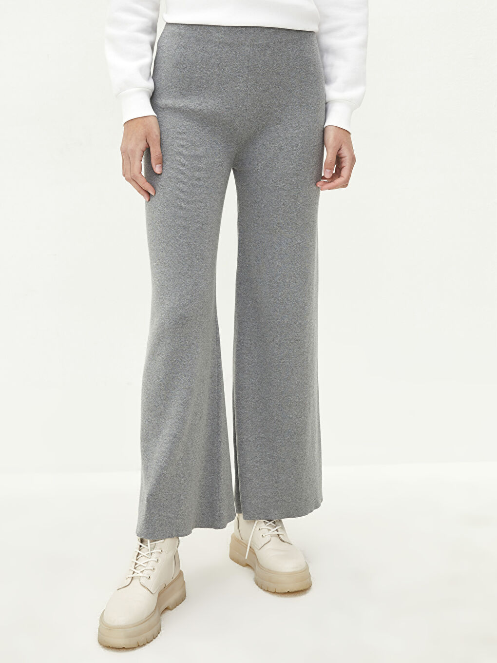 Elasticated Waist Plain Wide Leg Women's Knitwear Trousers-2
