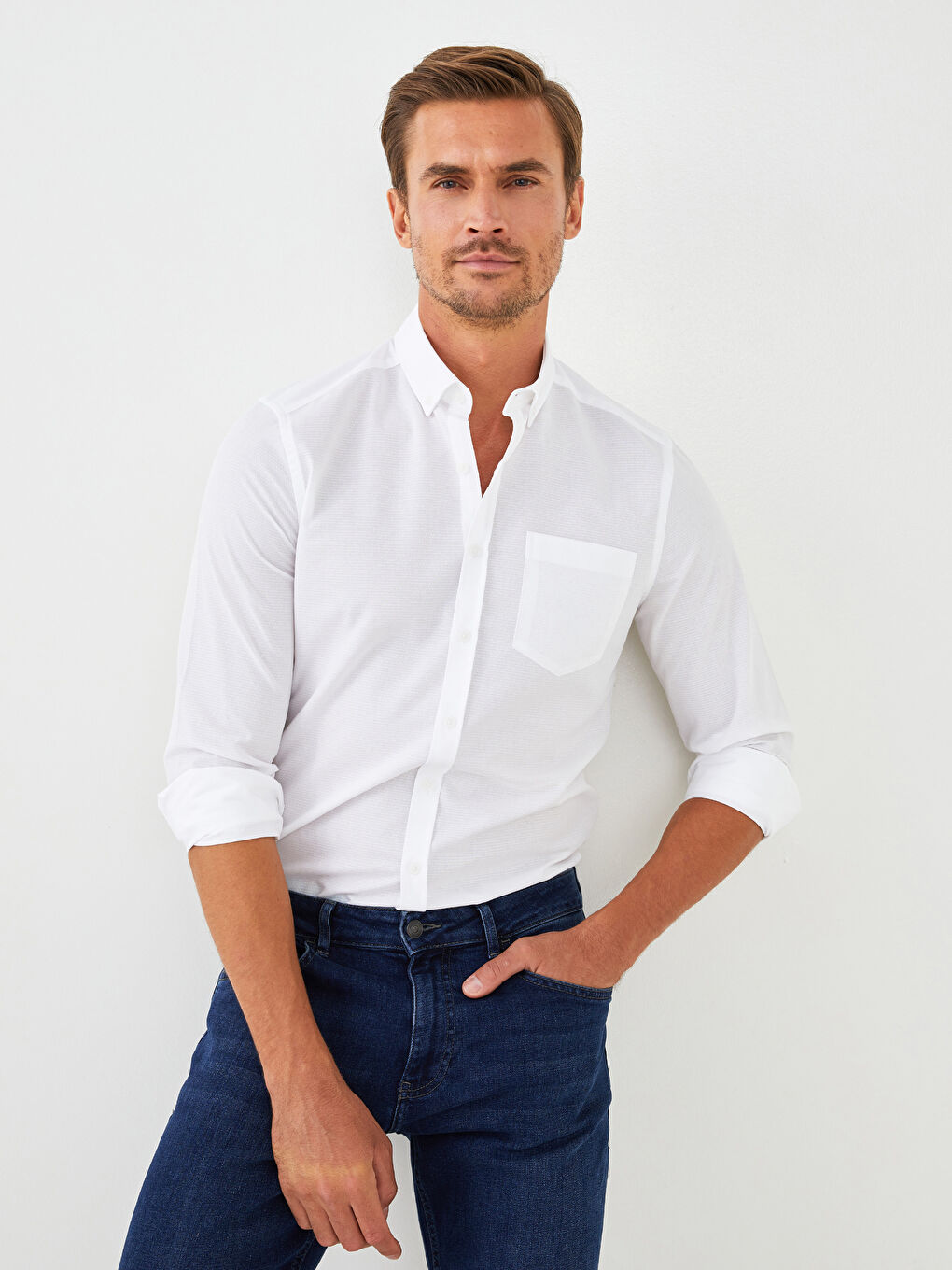 Beyaz Slim Fit Uzun Kollu Armürlü Erkek Gömlek