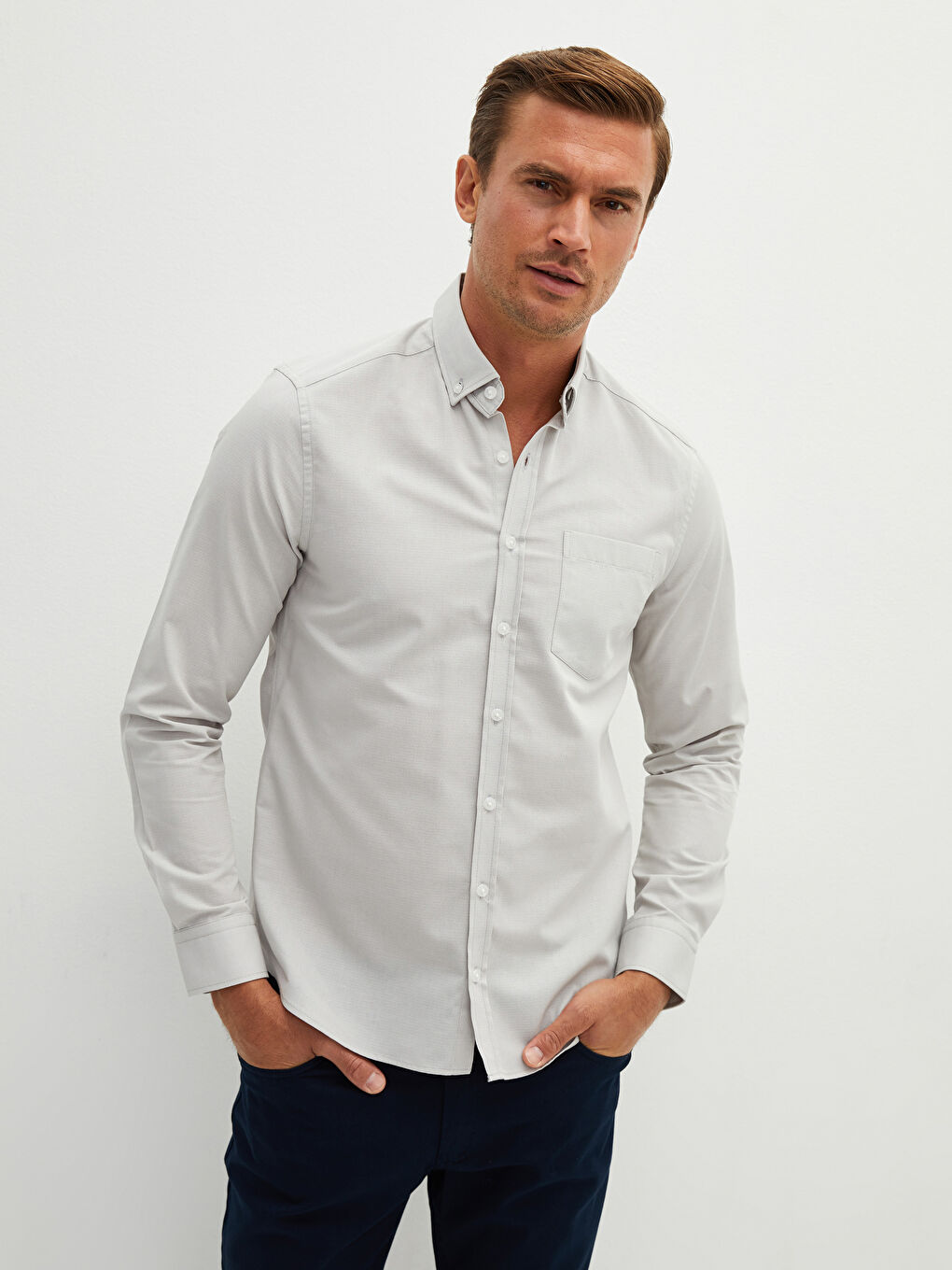 Slim Fit Long Sleeve Dobby Men's Shirt-3