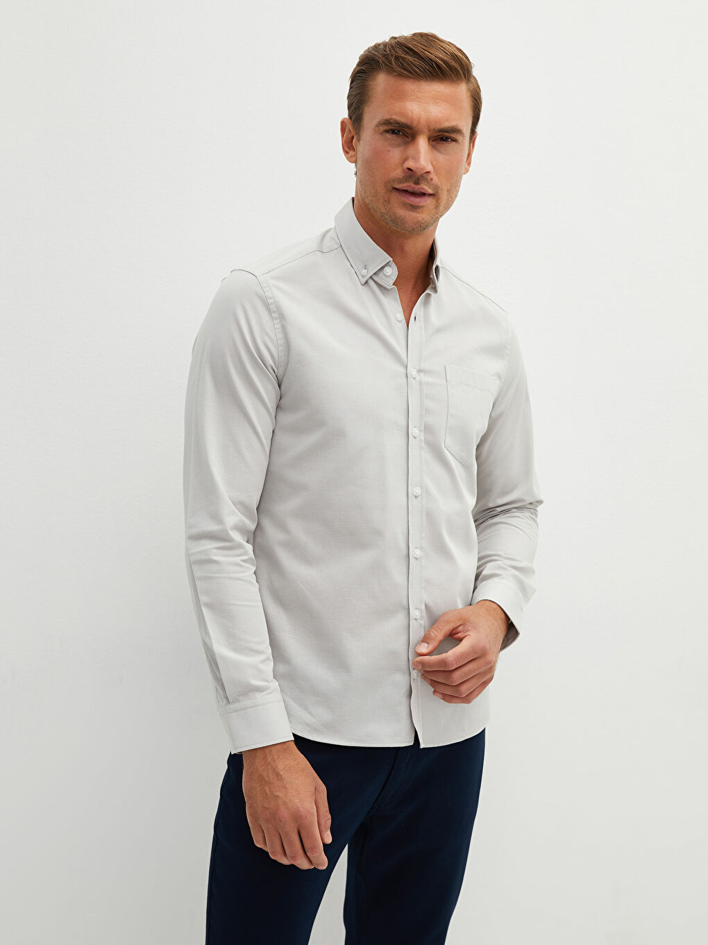 Slim Fit Long Sleeve Dobby Men's Shirt-4