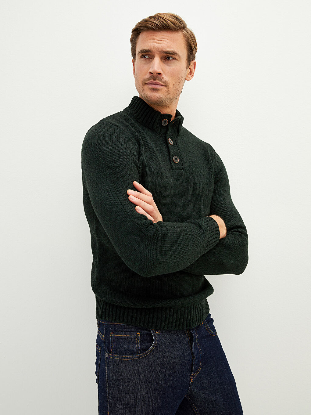 Džemper za Muškarce sa Rolkom na Kopčanje i Dugim Rukavima od Trikotaže-2