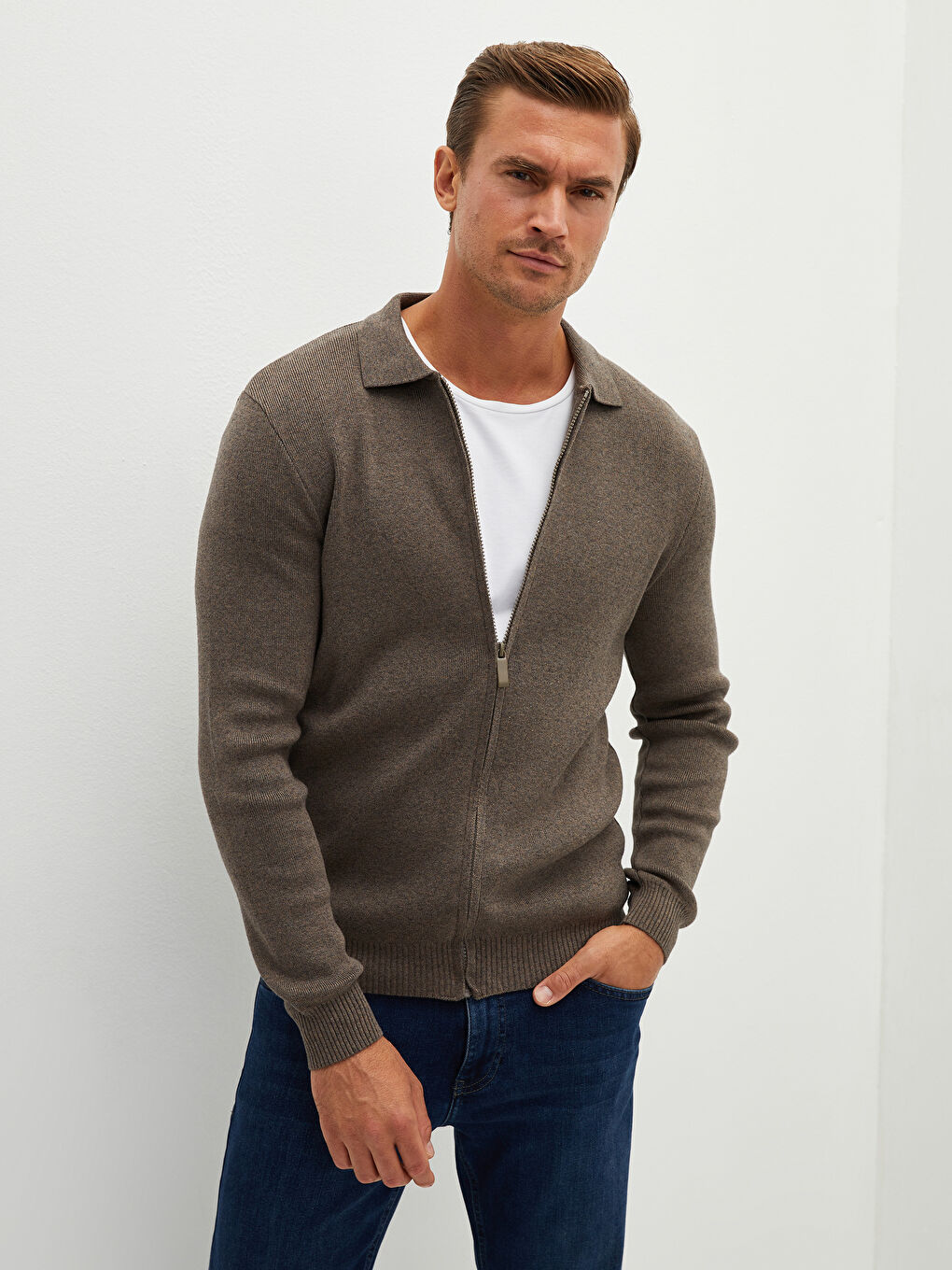 Kahverengi Standart Kalıp Polo Yaka Erkek Triko Hırka-2