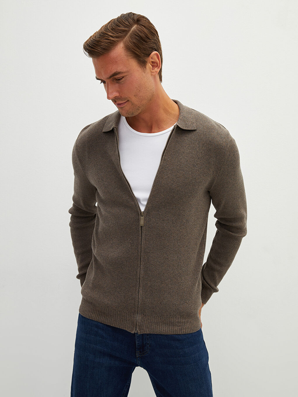 Kahverengi Standart Kalıp Polo Yaka Erkek Triko Hırka-3