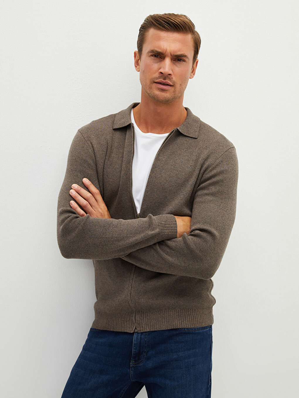 Kahverengi Standart Kalıp Polo Yaka Erkek Triko Hırka