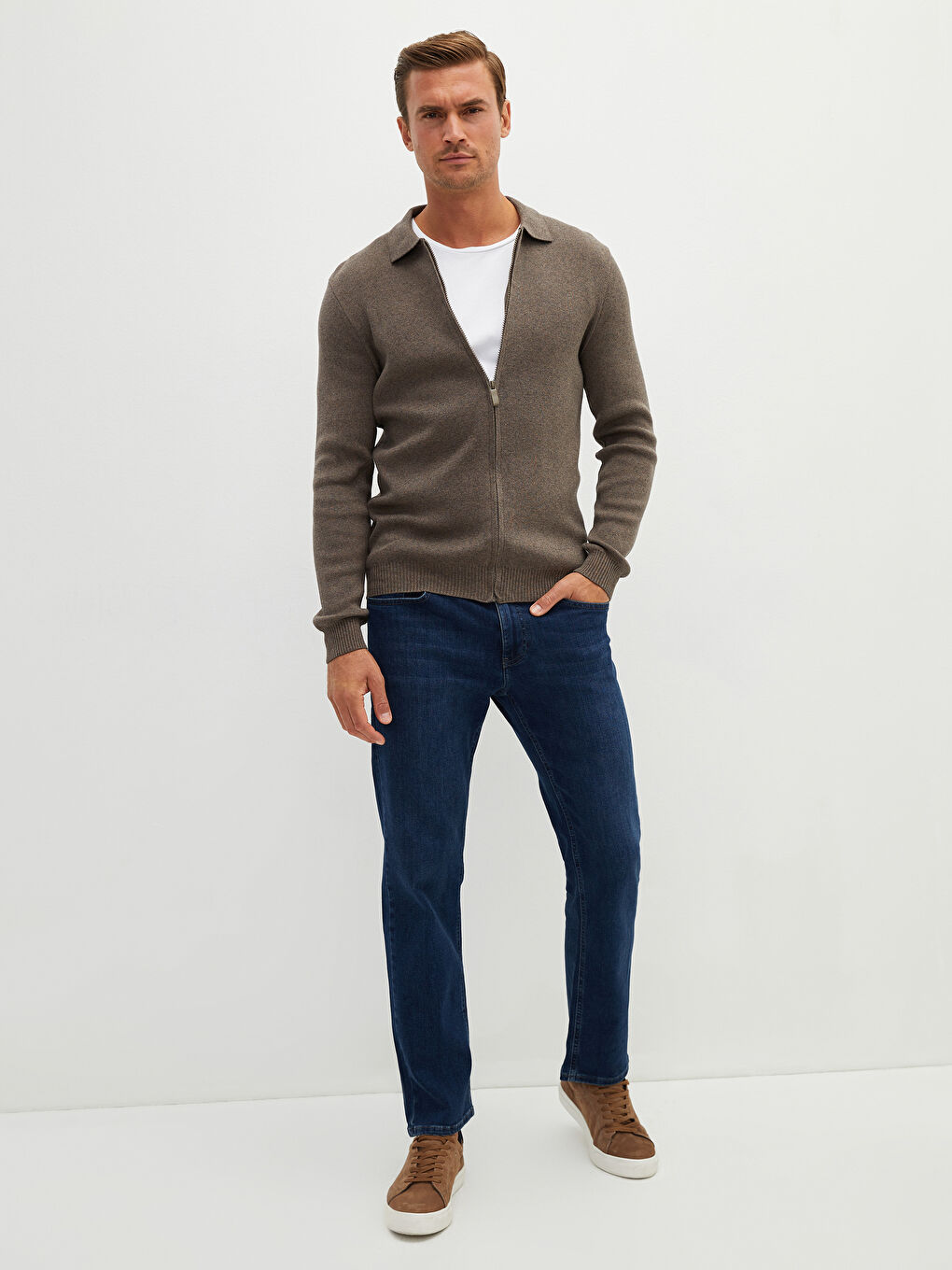 Kahverengi Standart Kalıp Polo Yaka Erkek Triko Hırka-1