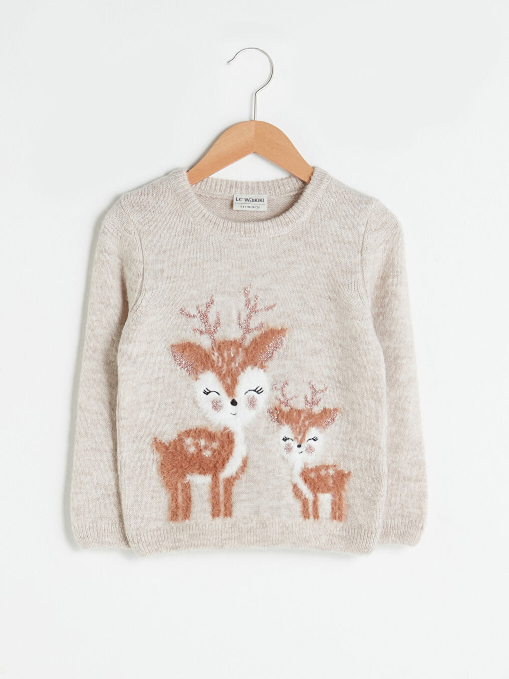 Bej Bisiklet Yaka Desenli Uzun Kollu Kız Çocuk Triko Kazak