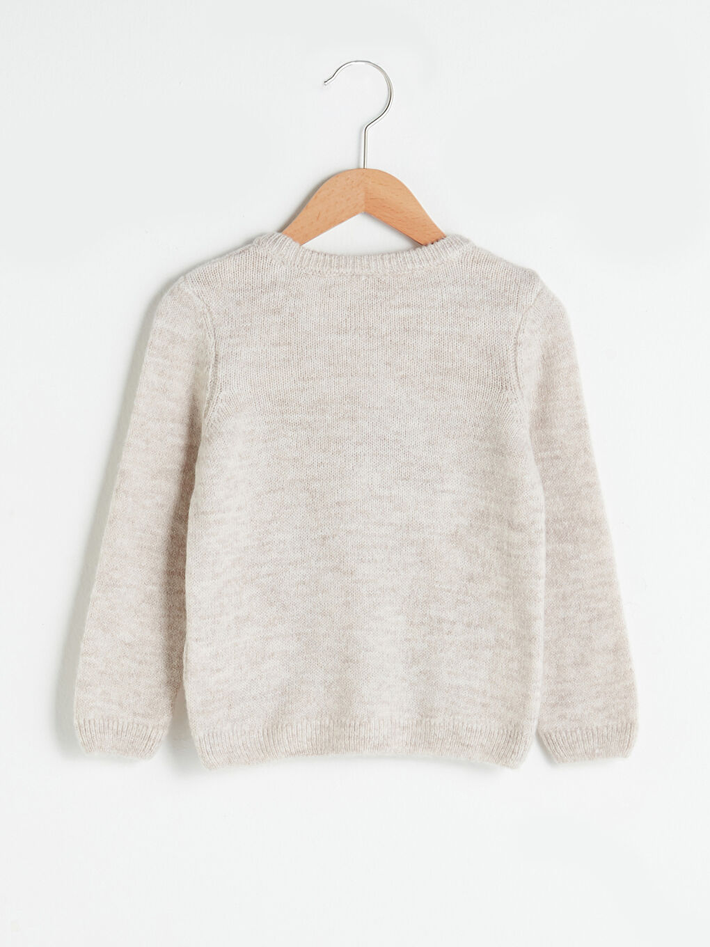 Bej Bisiklet Yaka Desenli Uzun Kollu Kız Çocuk Triko Kazak-1