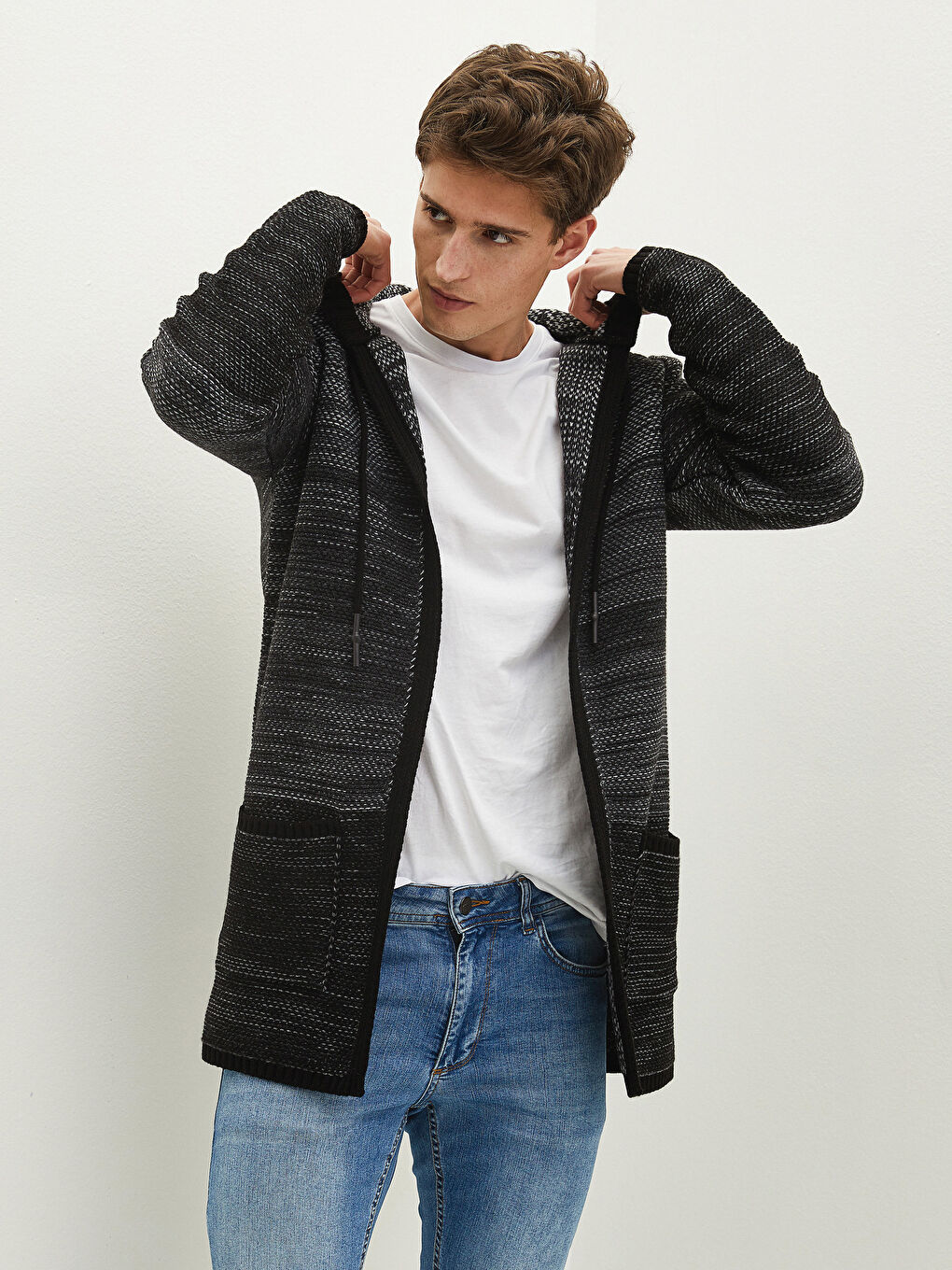 Hooded Long Sleeve Men's Knitwear Cardigan