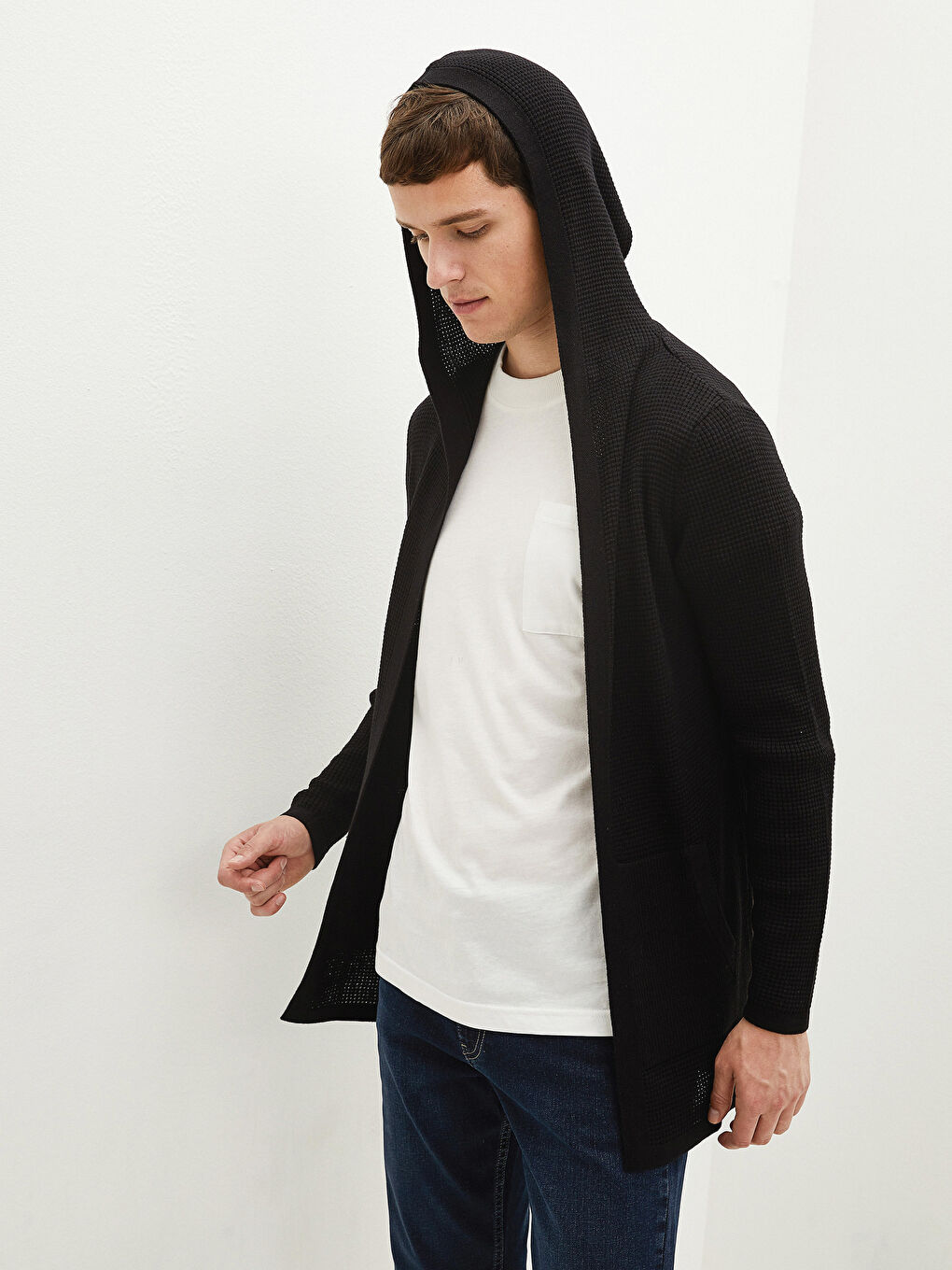 ерлерге арналған капюшонды ұзын жең трикотаж кардиган-1