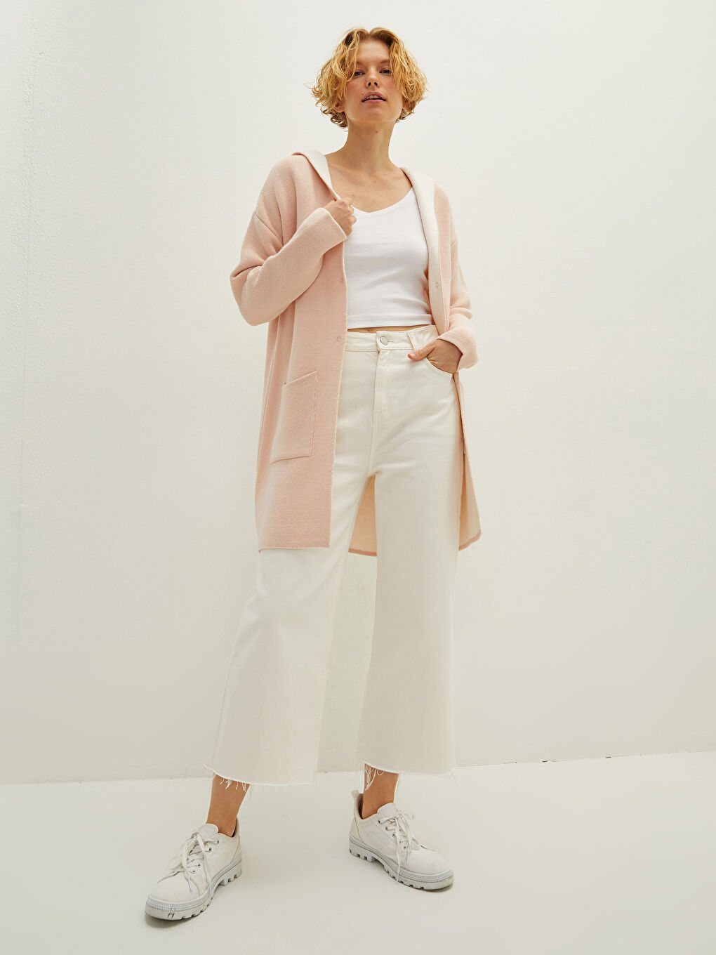 Әйелдерге арналған капюшонды жағалы қалтасы бар ұзын жең трикотаж кардиган-3