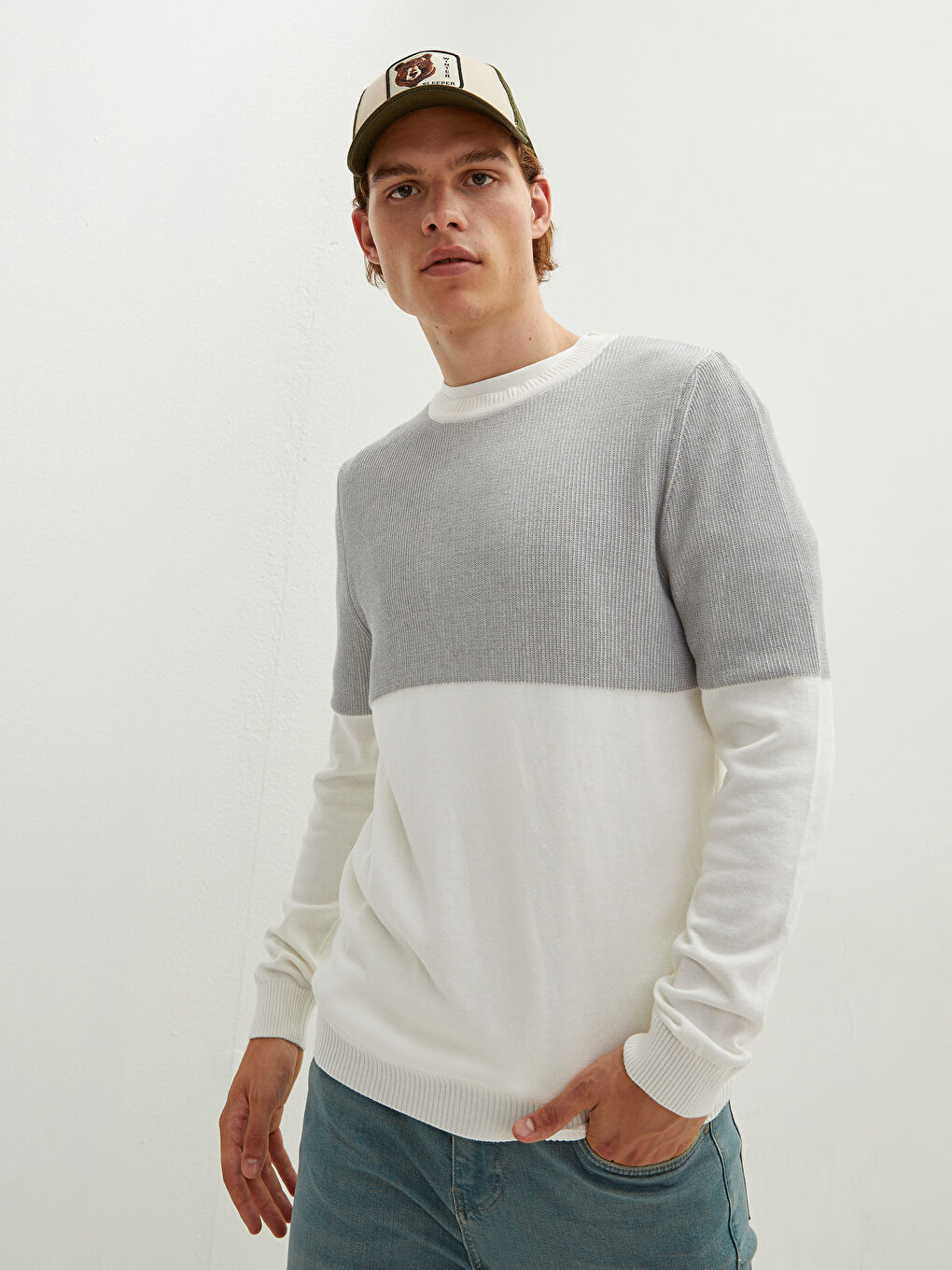 Crew Neck Long Sleeve Color Block Men's Knitwear Sweater