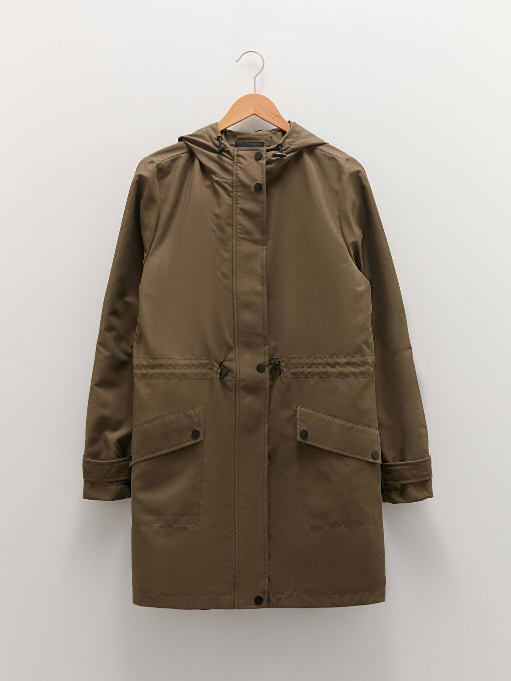 Haki Kapüşonlu Düz Uzun Kollu İnce Kadın Mont-11