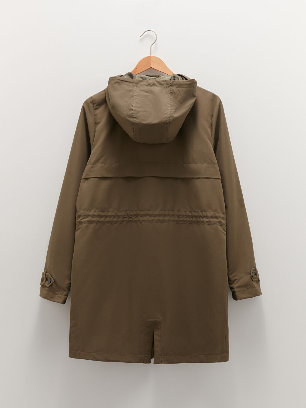 Haki Kapüşonlu Düz Uzun Kollu İnce Kadın Mont-12