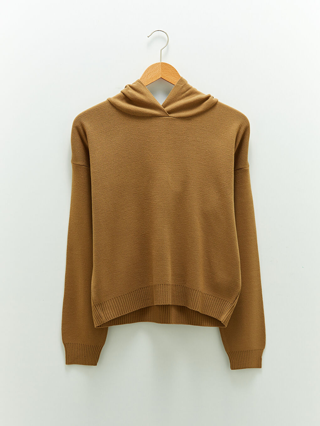 Kahverengi Kapüşon Yaka Düz Uzun Kollu Kadın Triko Kazak-5