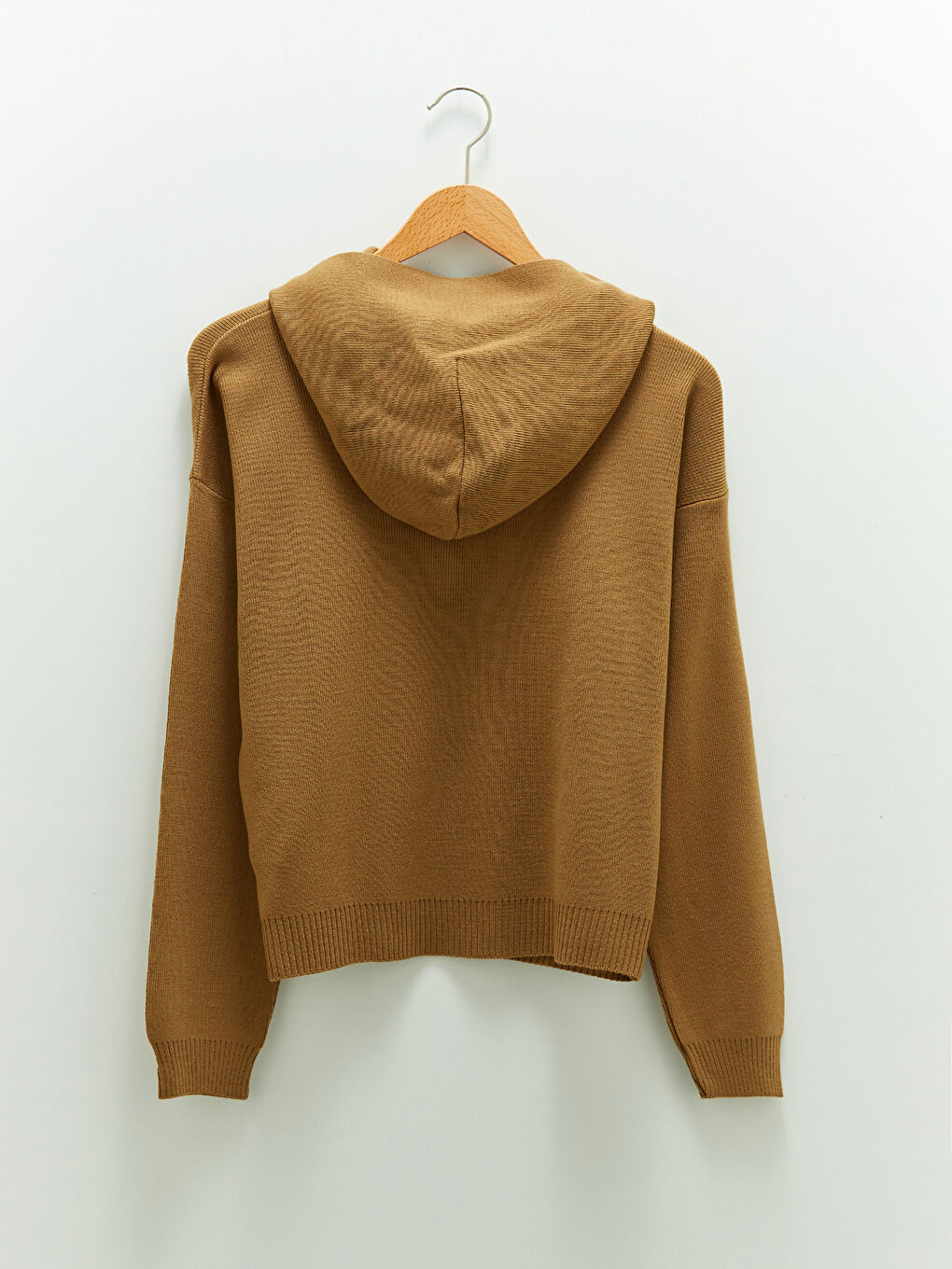 Kahverengi Kapüşon Yaka Düz Uzun Kollu Kadın Triko Kazak-6