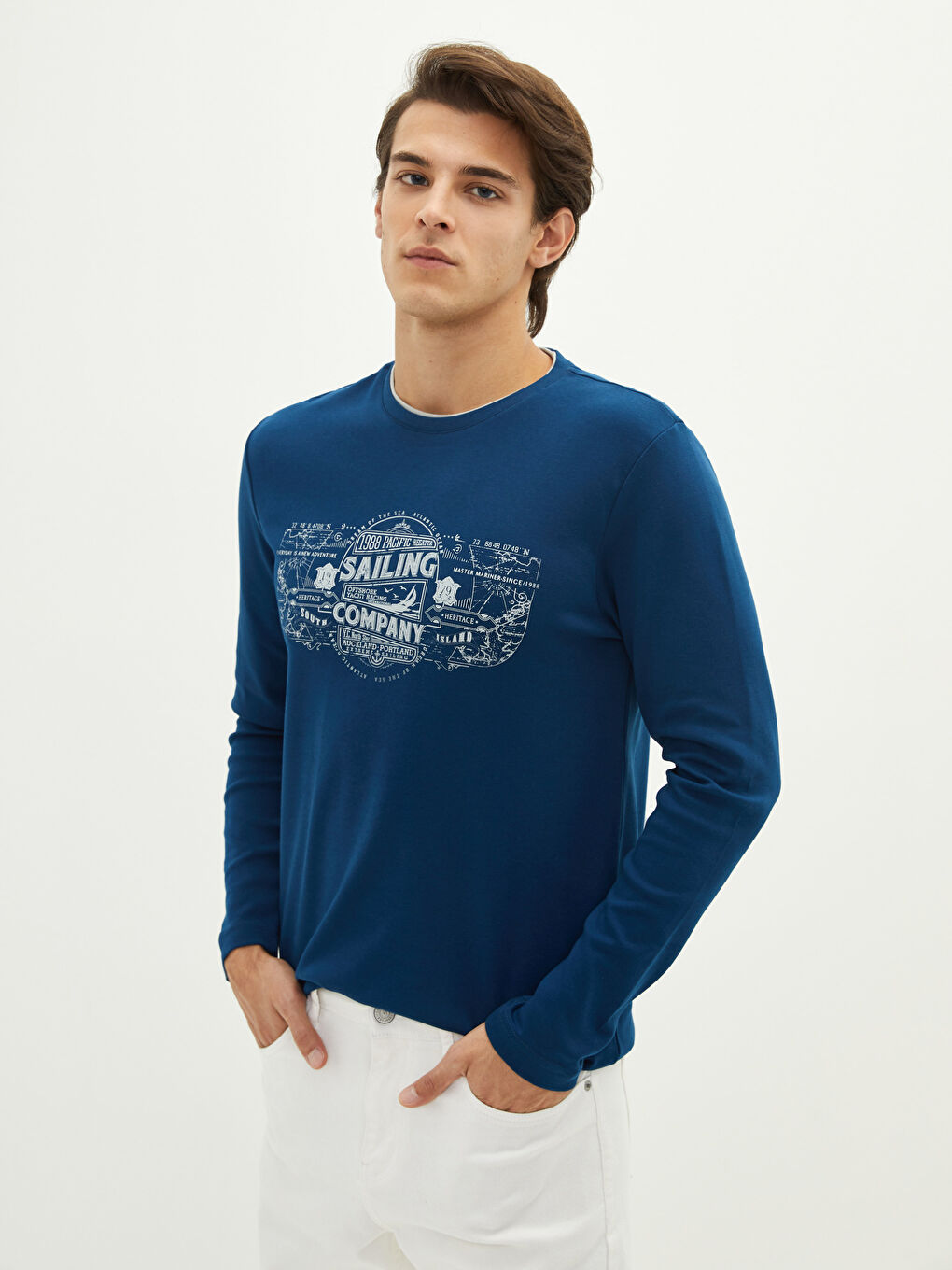 Lacivert Bisiklet Yaka Uzun Kollu Baskılı Penye Erkek Tişört