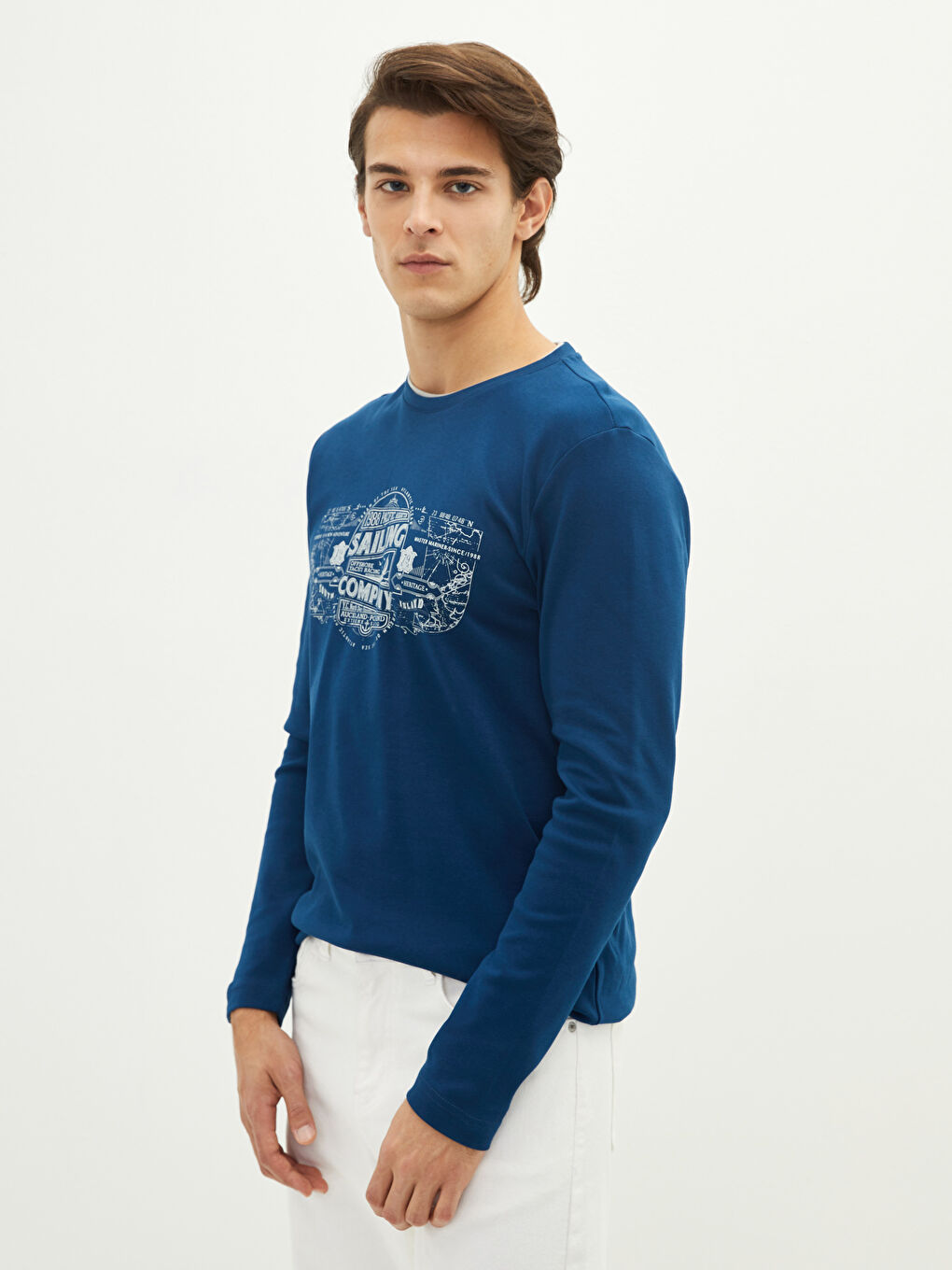 Lacivert Bisiklet Yaka Uzun Kollu Baskılı Penye Erkek Tişört-1