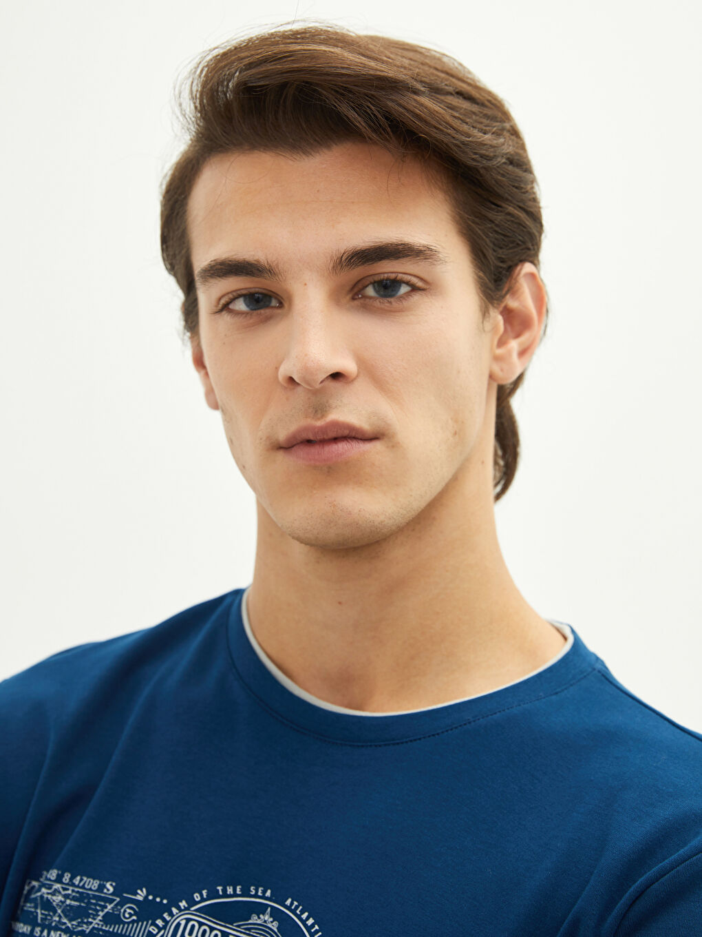 Lacivert Bisiklet Yaka Uzun Kollu Baskılı Penye Erkek Tişört-3