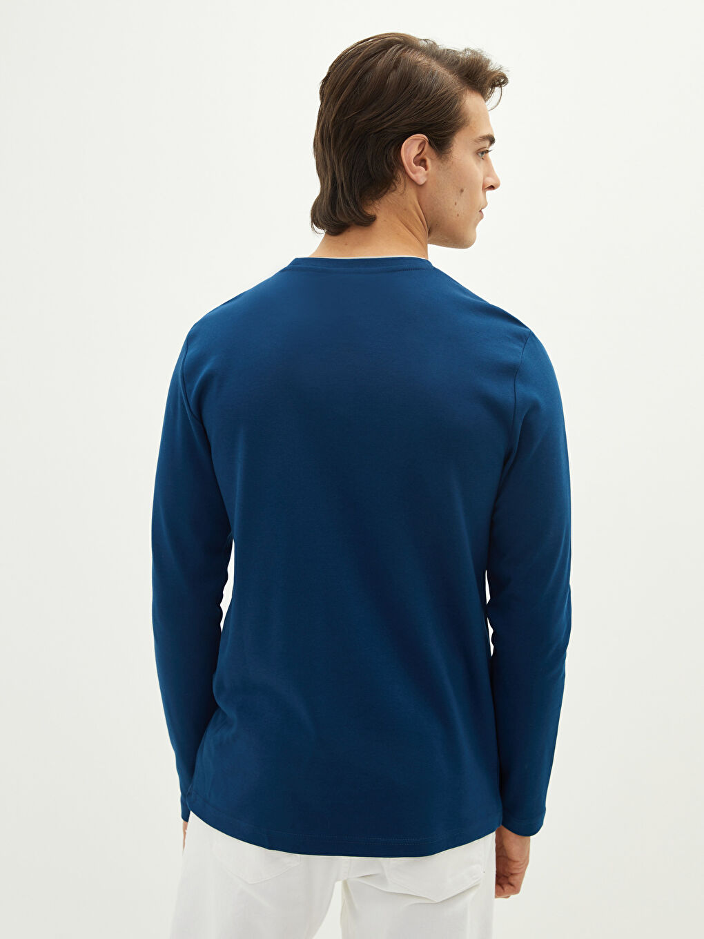 Lacivert Bisiklet Yaka Uzun Kollu Baskılı Penye Erkek Tişört-4