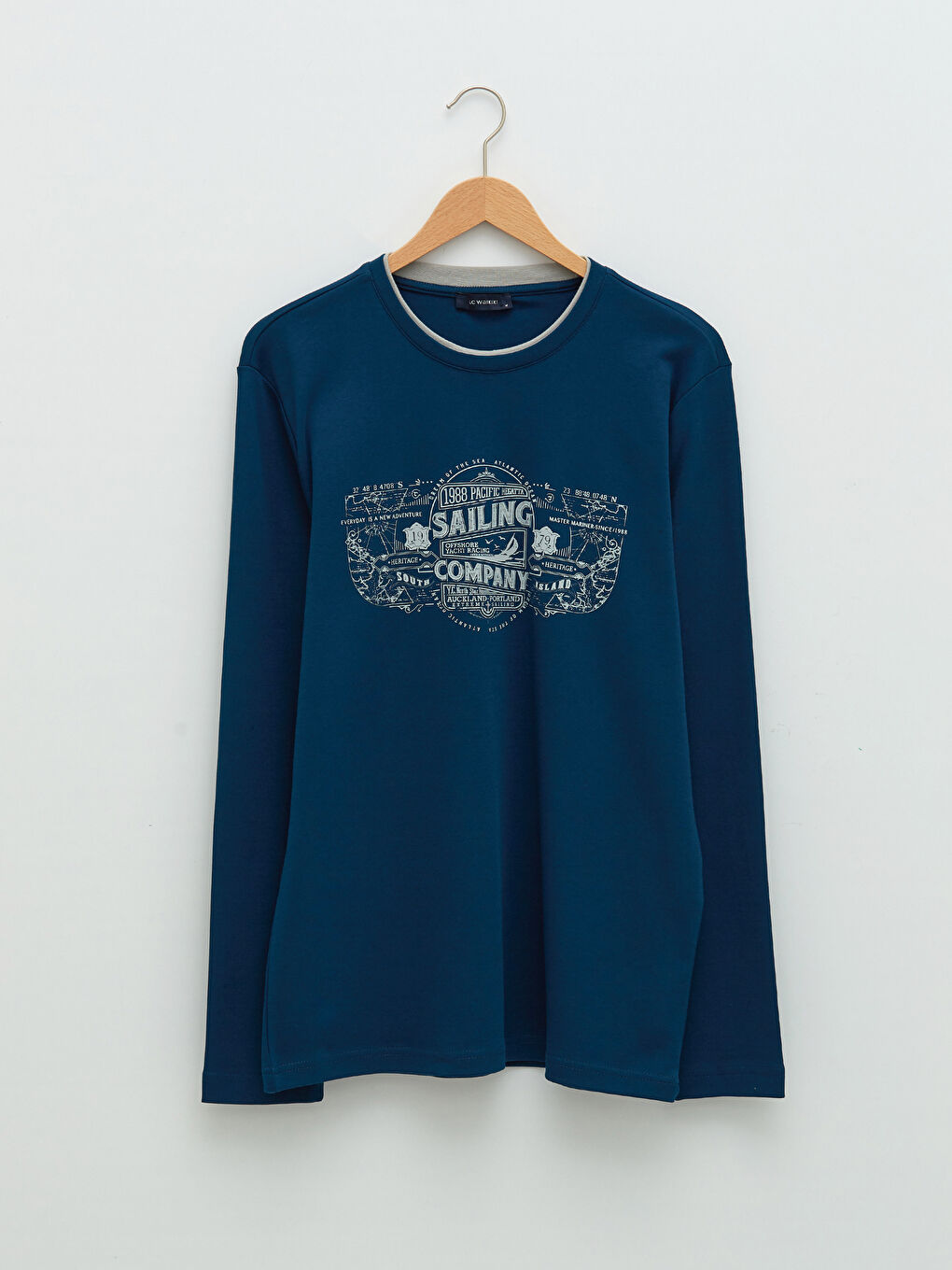 Lacivert Bisiklet Yaka Uzun Kollu Baskılı Penye Erkek Tişört-5