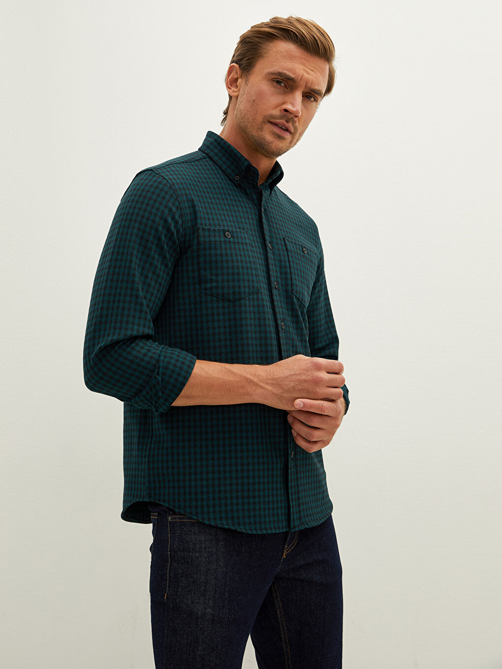 Regular Fit Long Sleeve Plaid Gabardine Men's Shirt-1